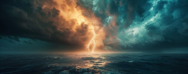 Wall Mural - Dramatic thunderstorm with lightning bolts illuminating a dark and stormy sea, 4K hyperrealistic photo