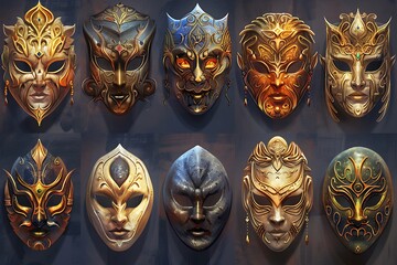 Wall Mural - A series of enchanted masks, each with a story of a hero or a villain