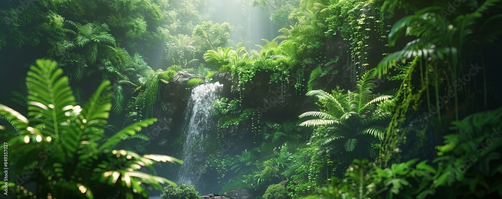 Lush green forest with a hidden waterfall tucked away in its depths, 4K ...
