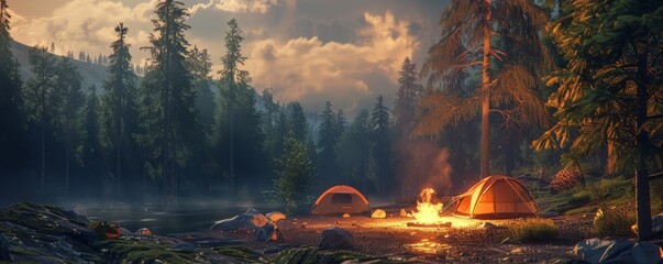 Poster - Friends camping in a scenic forest, tents, and campfire, 4K hyperrealistic photo.