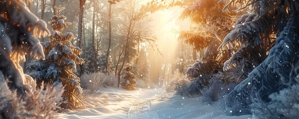 Snow-covered forest with sunlight sparkling on the branches, 4K hyperrealistic photo