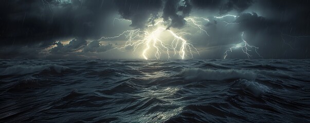 Wall Mural - Dramatic thunderstorm with lightning bolts illuminating a dark sea, 4K hyperrealistic photo