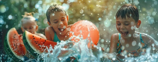 Wall Mural - Kids enjoying a water balloon fight for National Watermelon Month, splashing fun on a hot day, 4K hyperrealistic photo.