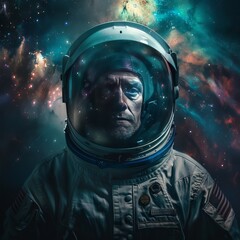Wall Mural - Cosmic traveler portrait, featuring space travel themes and cosmic backgrounds, hyperrealistic 4K photo.