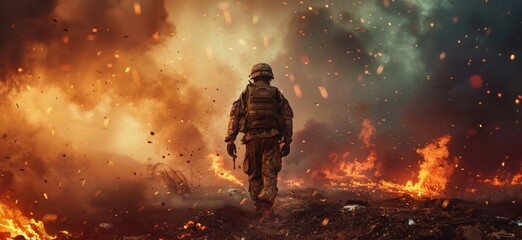 Special Forces military soldier as they navigate through destruction and the aftermath of a battlefield warzone. This wide banner captures the grim reality of war, offering copyspace to explore themes