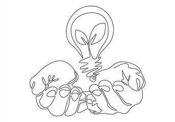 Hands holds slight bulb with leafs,one line art,hand drawn continuous contour.Green energy idea concept.Sign of environmental friendliness.