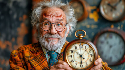 A portrait of an elderly gentleman with a white beard and blue eyes, wearing a plaid shirt and holding a vintage pocket watch in front of a background with several other antique clocks