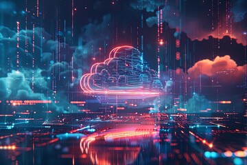 Fototapete - An abstract visualization of cloud computing with digital elements representing data processing and AI operations in the cloud. Generative AI