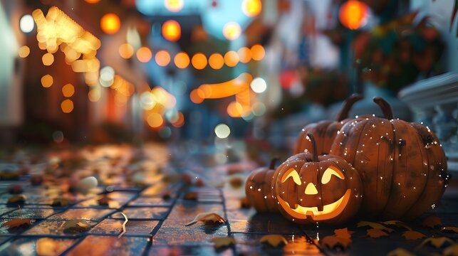 A row of pumpkins are on a sidewalk in front of a building. The pumpkins are lit up and have a happy face. The scene is set in a city at night, with lights and decorations