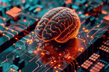 Wall Mural - glowing digital human brain connected to electronic circuit board artificial intelligence concept