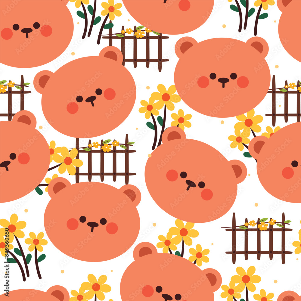 seamless pattern cartoon bear and flower with fence. cute wallpaper for ...