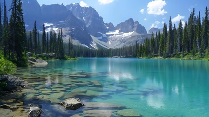 Wall Mural - crystal clear mountain lake surrounded by tall green trees and a blue sky with white clouds, with a large gray rock in the foreground