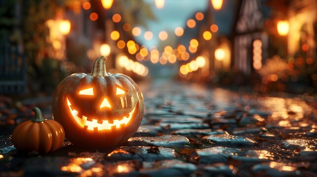 A row of pumpkins are on a sidewalk in front of a building. The pumpkins are lit up and have a happy face. The scene is set in a city at night, with lights and decorations