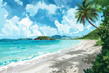 Wall Mural - idyllic tropical beach landscape with turquoise waters white sand and palm trees vibrant summer illustration