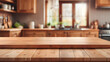 © pla2u - Wooden table on blurred kitchen bench background. Empty wooden table and blurred kitchen background