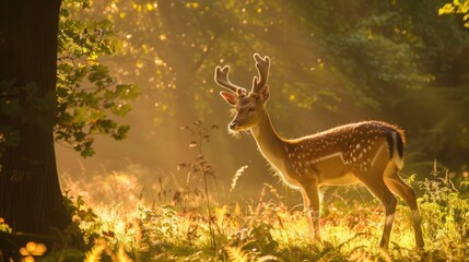 Wall Mural - Deer roaming in a sunlit forest part of a nature series