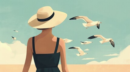 Wall Mural - Woman in hat watching seagulls flying in the sky during a relaxing travel trip