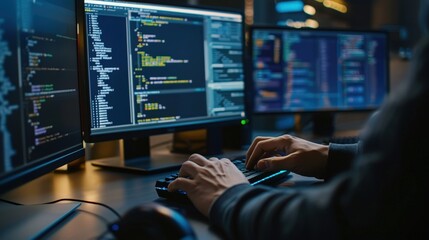 Intense Programmer Writing Code in Advanced Programming Environment on Computer Screen