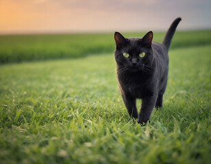 cat on grass, black cat on grass, black cat on green grass