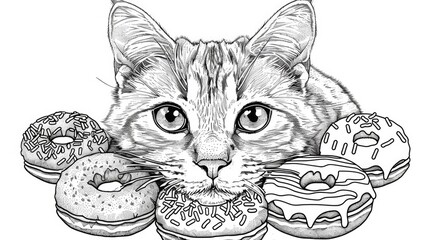 Sticker - Adorable cat coloring page with donuts