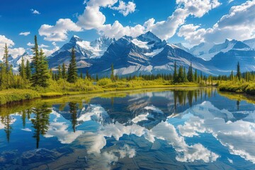 Canvas Print - majestic mountains and tranquil lake reflecting the scenery idyllic highaltitude meadow landscape