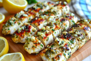 Wall Mural - Delicious grilled lemon garlic chicken on wooden cutting board