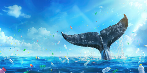 Whale tail on the surface of the sea or ocean with plastic bottles on blue sky background