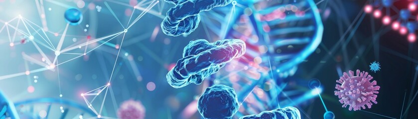 Abstract scientific image showing DNA helix and molecular structures, representing genetic research and biotechnology advances.