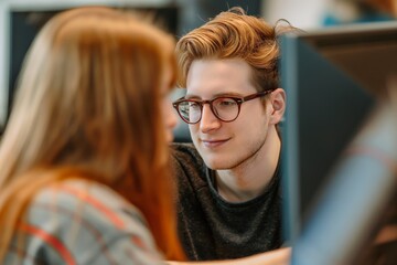 Canvas Print - a young man and a woman in a computer lab