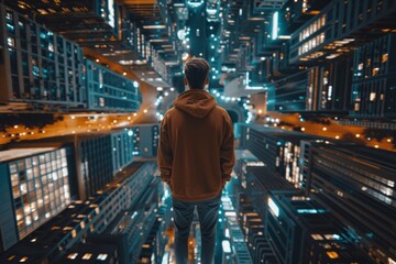 Enigmatic young man exploring futuristic cityscape at night