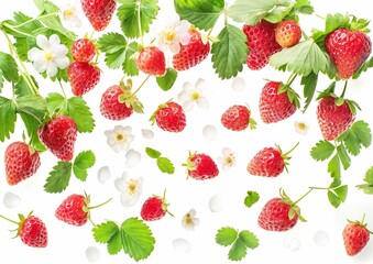 strawberries and flowers on white background