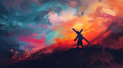 oil paint abstract illustration of Jesus Christ carrying the crucifixion cross on Calvary hill