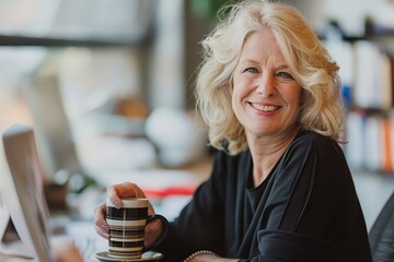 Wall Mural - a happy senior woman sitting at her desk with a cup of coffee