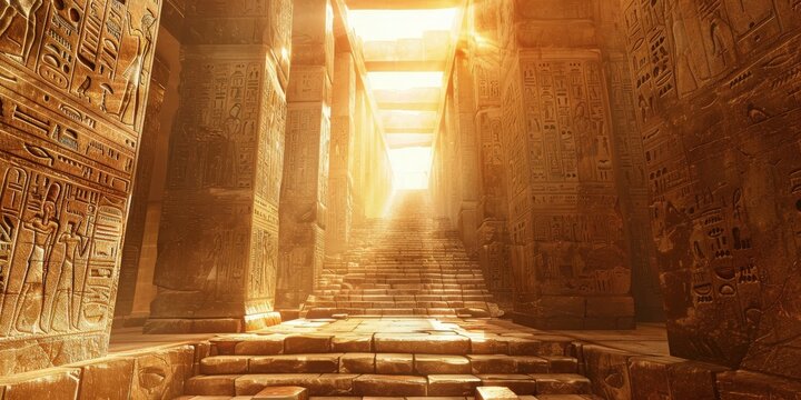 Navigate through an ancient Egyptian temple passage adorned with intricate hieroglyphics. Warm, bright sun rays illuminate the stairs and walls, revealing the rich history and timeless beauty of this 