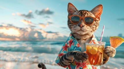 Wall Mural - A Cat wearing Hawaiian shirt and sunglasses enjoying a tropical