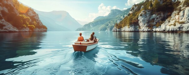 Wall Mural - Friends enjoying a scenic boat ride, calm waters, and beautiful views, 4K hyperrealistic photo.