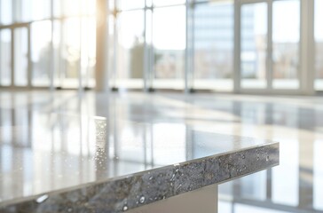 Wall Mural - Modern Minimalist Office Space with Sunlit Marble Surface and Crystal Accents. Blurry Background with Large Windows and White Walls.

