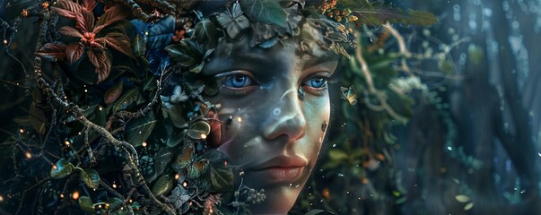 Wall Mural - Enchanted forest portrait, with forest backgrounds and magical elements, hyperrealistic 4K photo.