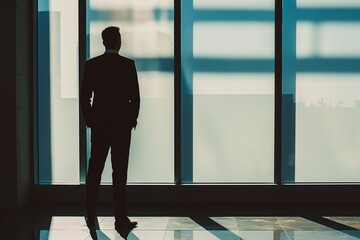 Canvas Print - a man standing in front of a large window