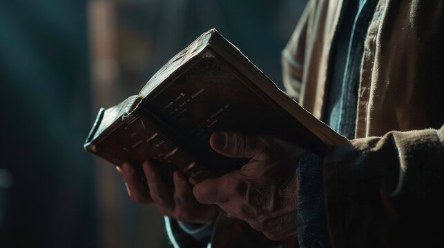 man holding and reading the holy bible or a hard cover book concept for religion or study