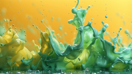 Poster - Tropical 3D ink splashes in vivid green and yellow forming abstract art. Generative AI.