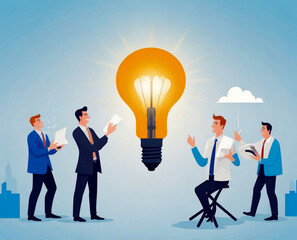 Teamwork and brainstorming concept with businessmen that share an idea with a lamp