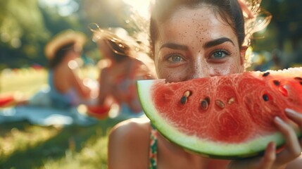 A woman is happily holding a slice of Citrullus, also known as watermelon, with a big smile on her face. The natural fruit is a tasty and refreshing food, perfect for a hot day AIG50