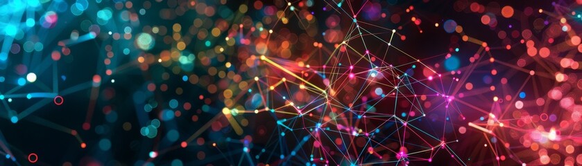 Colorful abstract background with interconnected lines and dots, representing a futuristic digital network or data visualization concept.