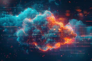 Leinwandbilder - A stylized representation of cloud computing, showcasing the intricate network of data processing and AI operations within the cloud. Generative AI