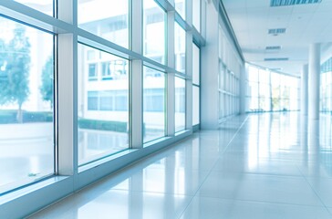 Wide angle Interior Photography of an Empty Hospital Room with Bright White Background and Blurry Windows. Panoramic View with High Saturation and Clear Details in a Medical Environment.