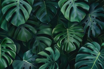 seamless pattern of lush green tropical leaves dark nature background for spa or beauty branding