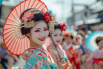 Wall Mural - A group of women wearing traditional Japanese clothing and holding umbrellas