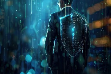 Wall Mural - secure digital identity businessman with holographic cyber shield conceptual illustration