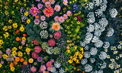 Wall Mural - A stunning overhead shot of a vibrant spring garden in full bloom, with an array of colorful flowers